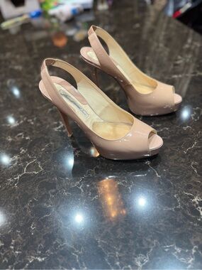 Brianatwood Nude Patent Peep-Toe Slingback Heels